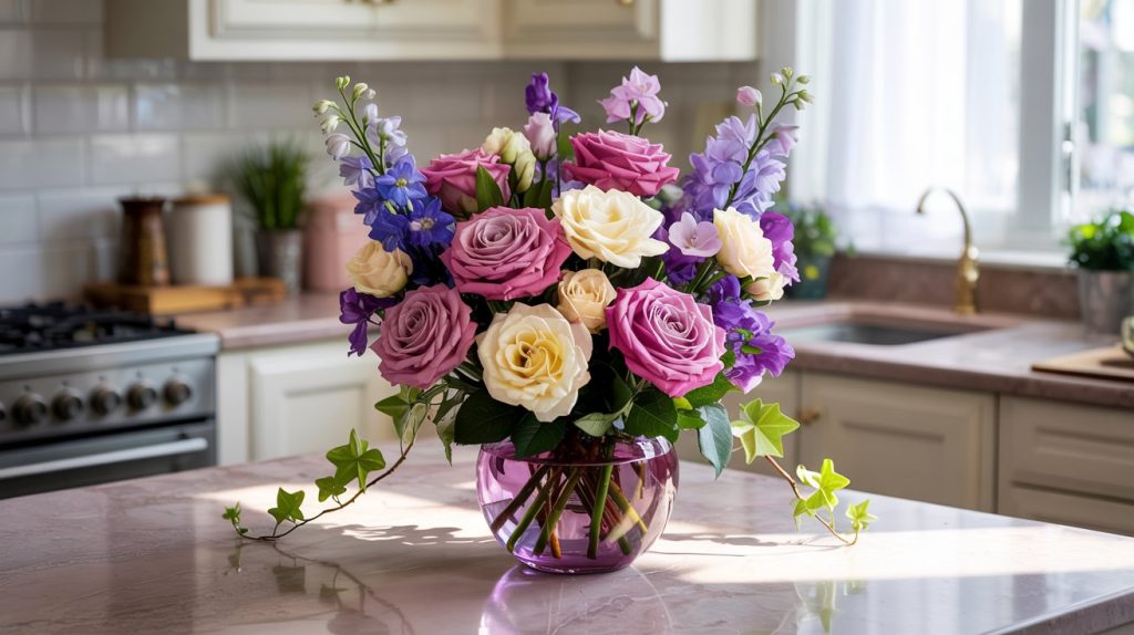A lush bouquet of pink and cream roses with purple accents fills the home of a Glen Ellyn mom celebrating Mother's Day.  The scene is a beautiful kitchen with light pink counters and quality cabinets.  Soft, indirect light fills the room from a nearby window.
